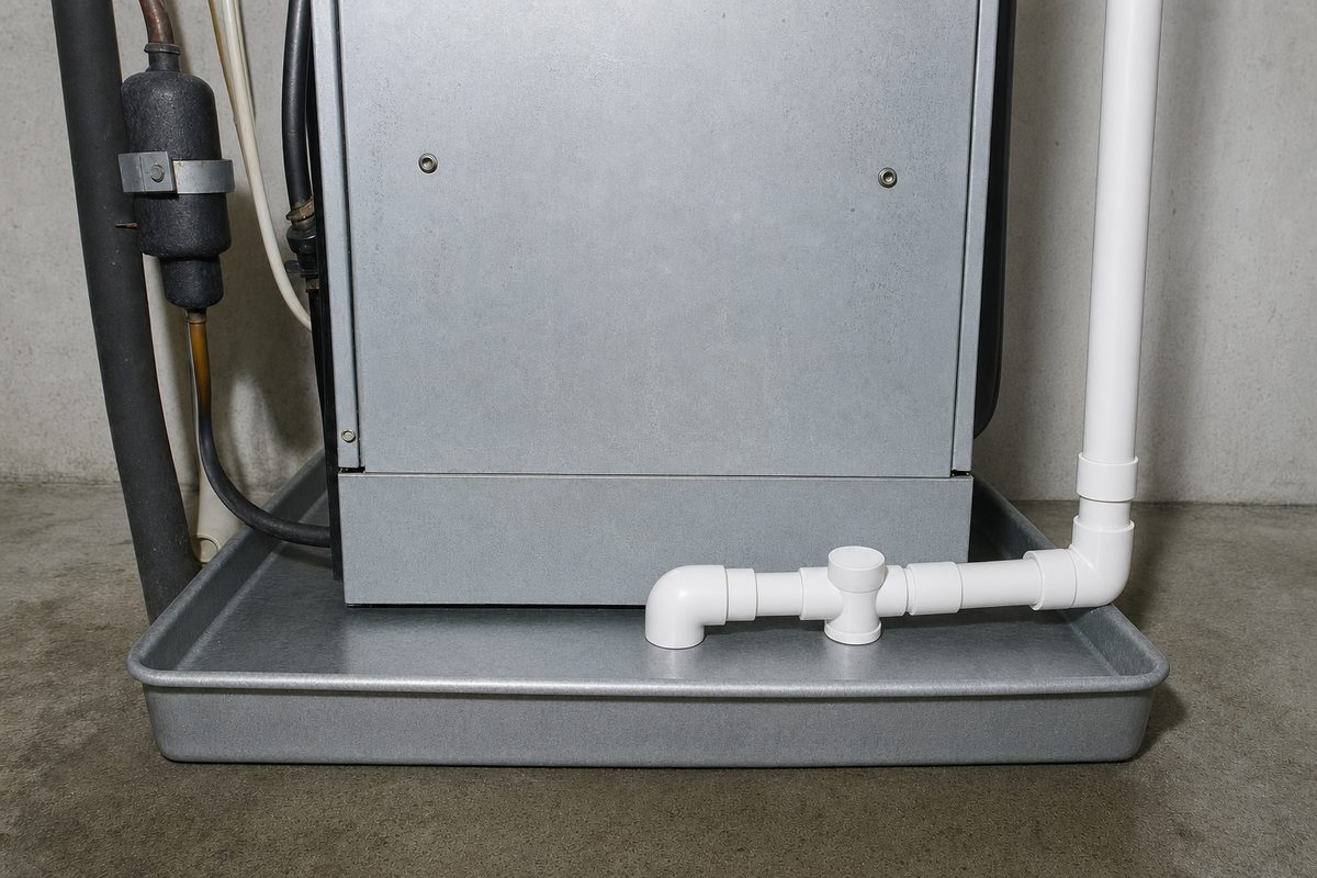 New white PVC condensate line and a clean dry drain pan under the air handler