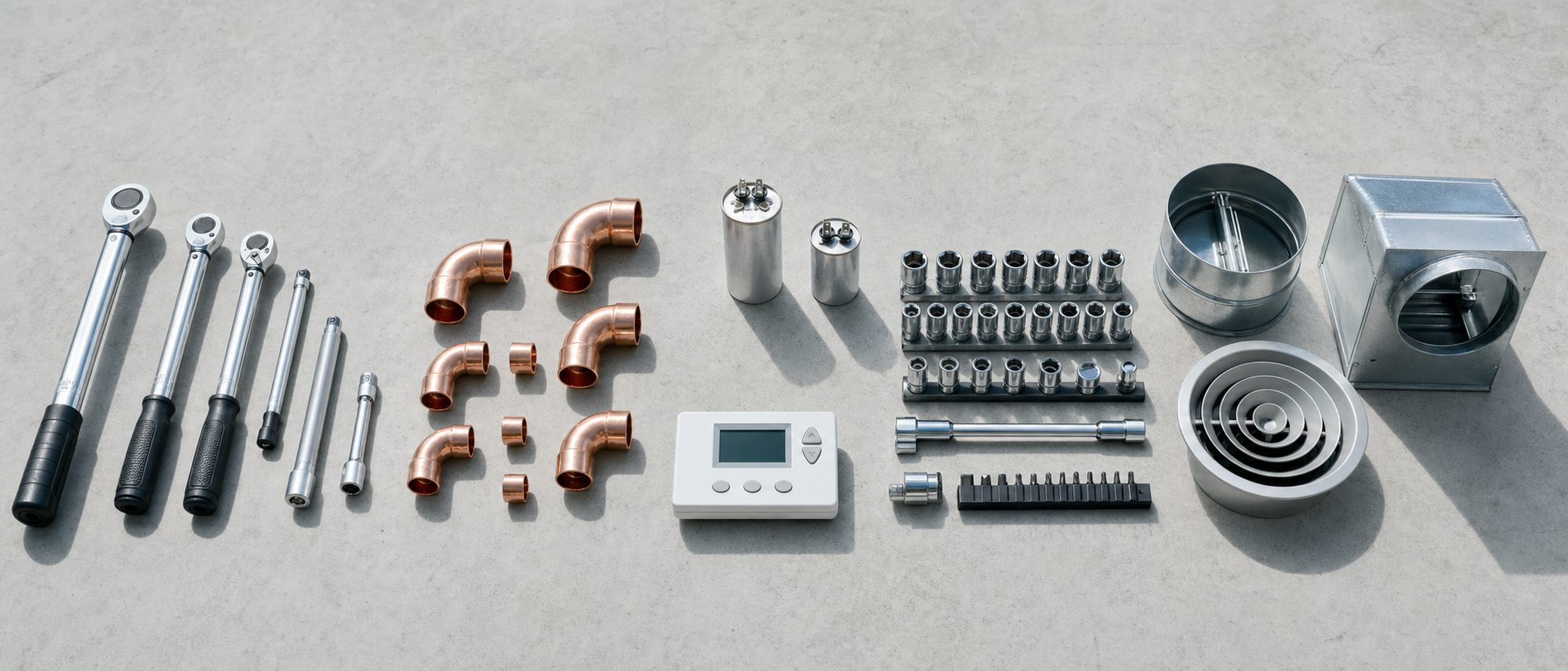 HVAC parts and hand tools arranged in a neat grid on a concrete surface