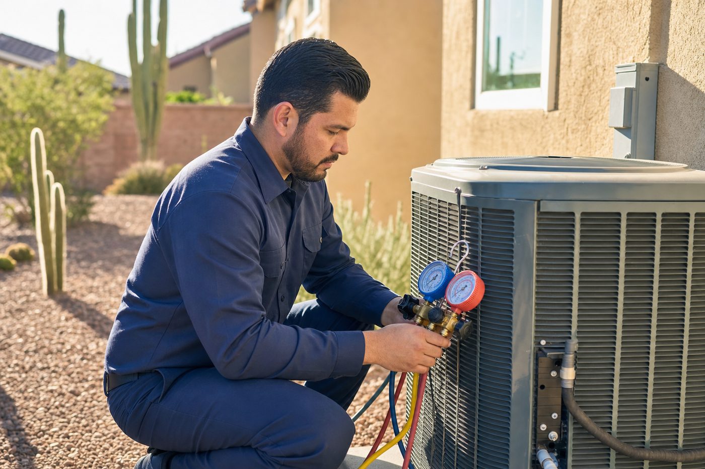 Super HVAC technician checking refrigerant pressure on a residential condenser unit